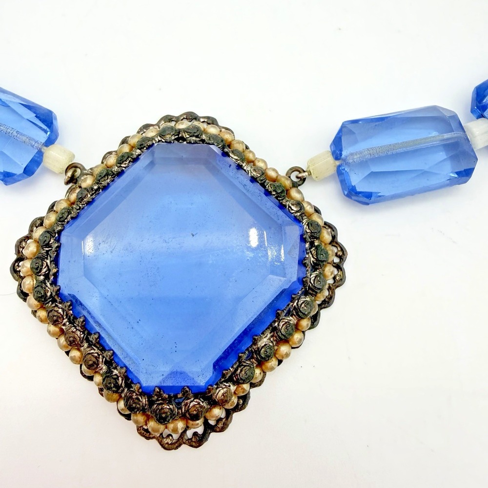 Antique Sterling Art Deco Czech Glass Necklace Blue‎ Large Statement Heavy